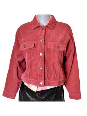 Angel Kiss Y2K Corduroy Jacket Women Medium Pink Crop Coat 8 10 Button Flap Pock